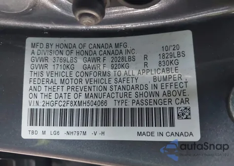 2021 Honda Civic Sport из США, поврежденный, VIN 2HGFC2F8XMH504066